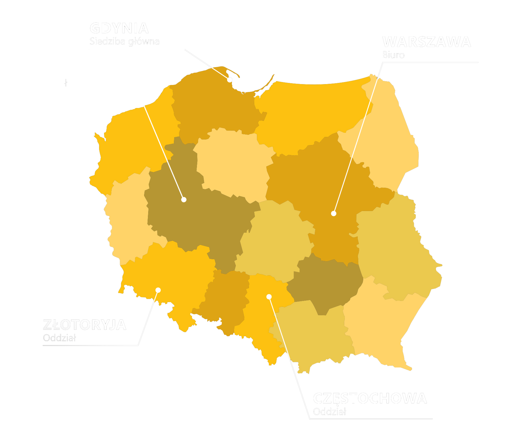 Map of Detectum detective agency units in Poland: Gdynia, Warsaw, Poznan, Zlotoryja, Czestochowa